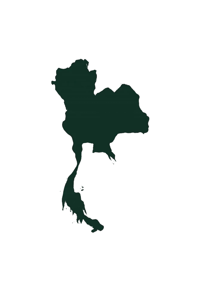 Carte simplifiée de la Thaïlande, mettant en évidence la forme allongée du pays entre montagnes du nord, plaines centrales et plages du sud, idéale pour planifier un itinéraire avec un travel planner.